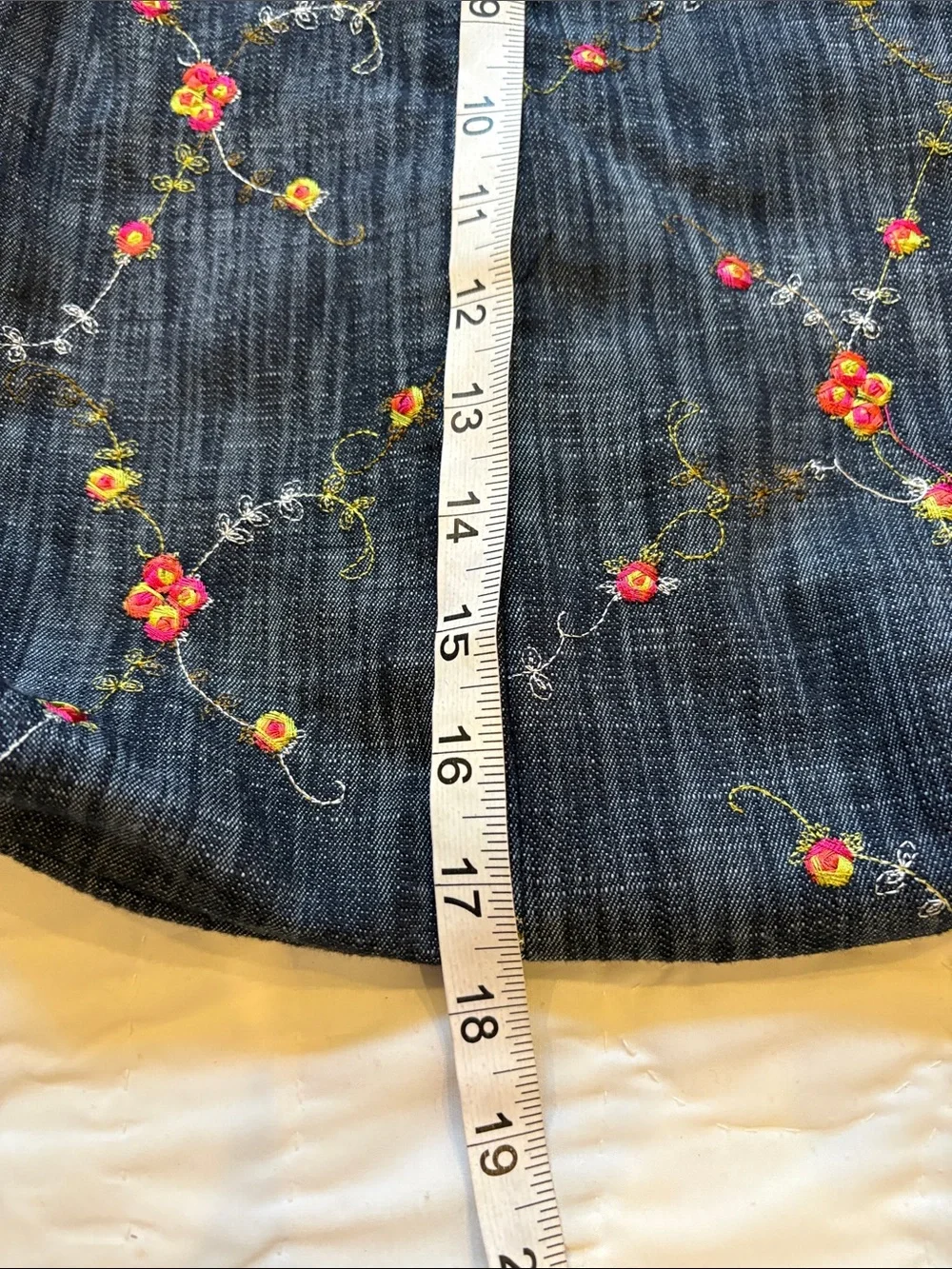 Upcycled Dark Blue Floral Denim  Embroidered Shoulder Bag
